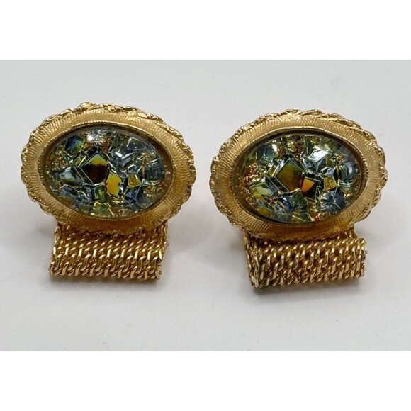 Vintage, Iridescent Glass, Wrap Around Cuff Links, Mesh, Gold Tone - Picture 3 of 5